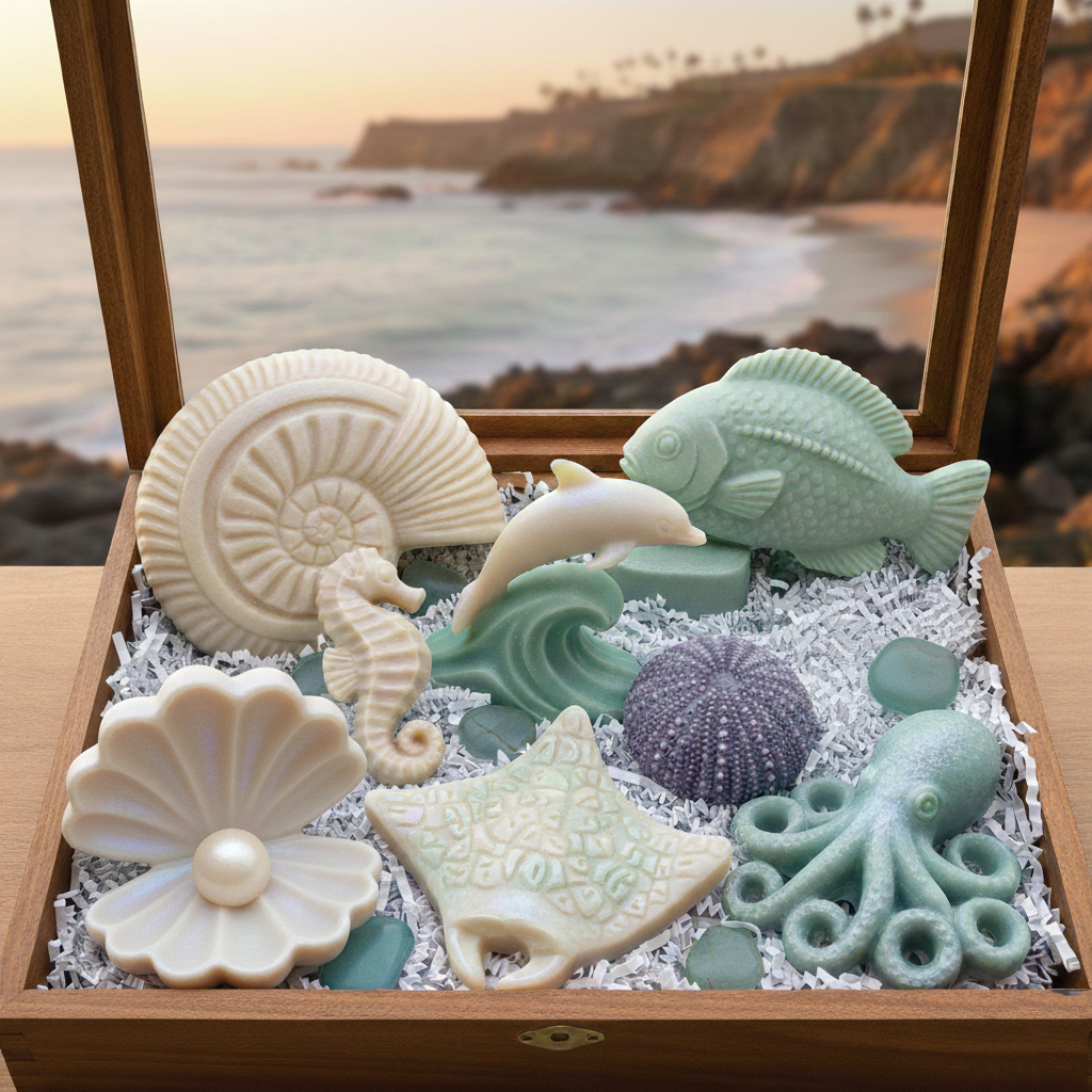 [Local Souvenir] 8-Piece Complex Sea Life Soap Set | Laguna Beach Tidal Pool Discovery | Unique Coastal Tones | Moisturizing Essential Oil Formula