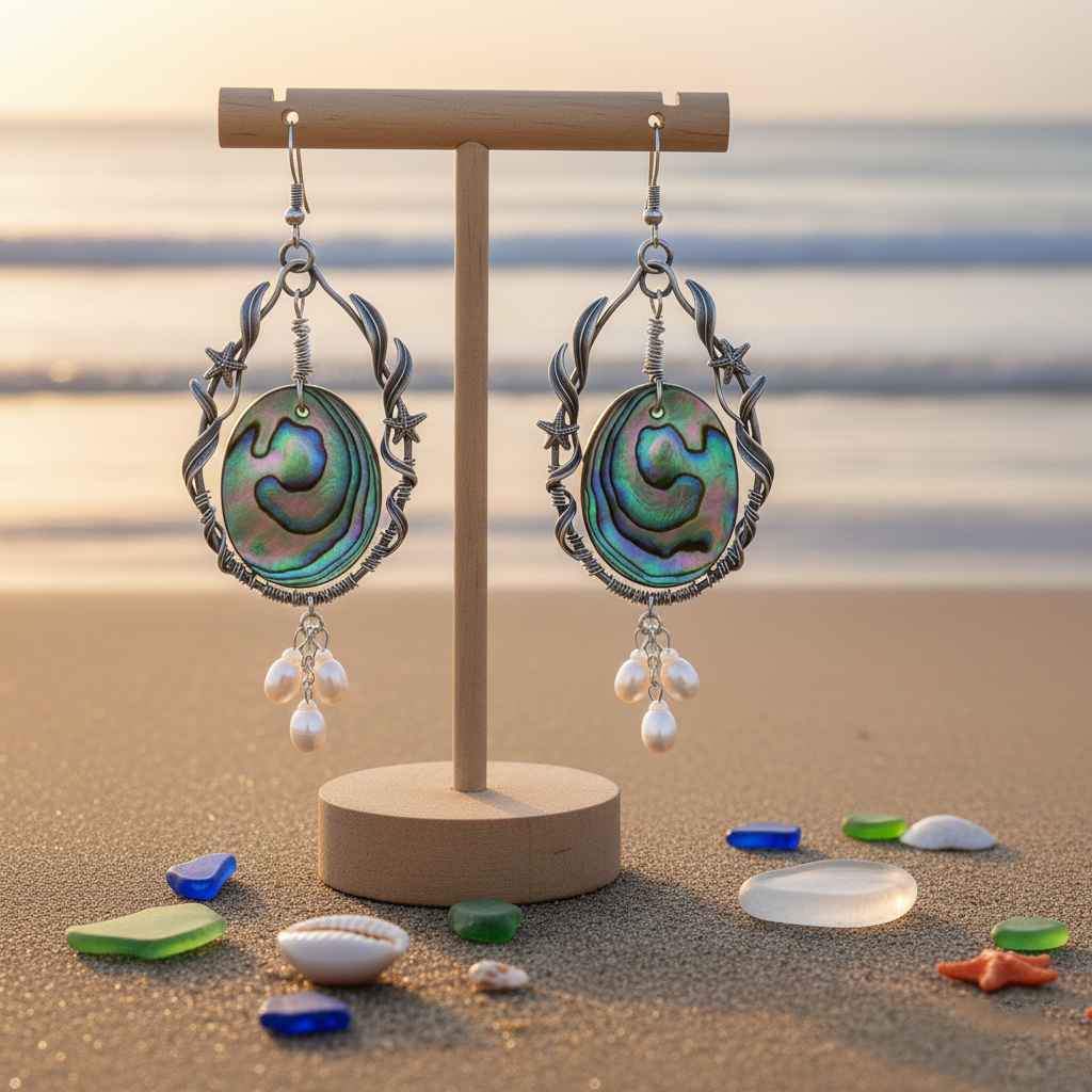 【Tide Pool Bloom】Handcrafted Green Anemone & Pearl Earrings