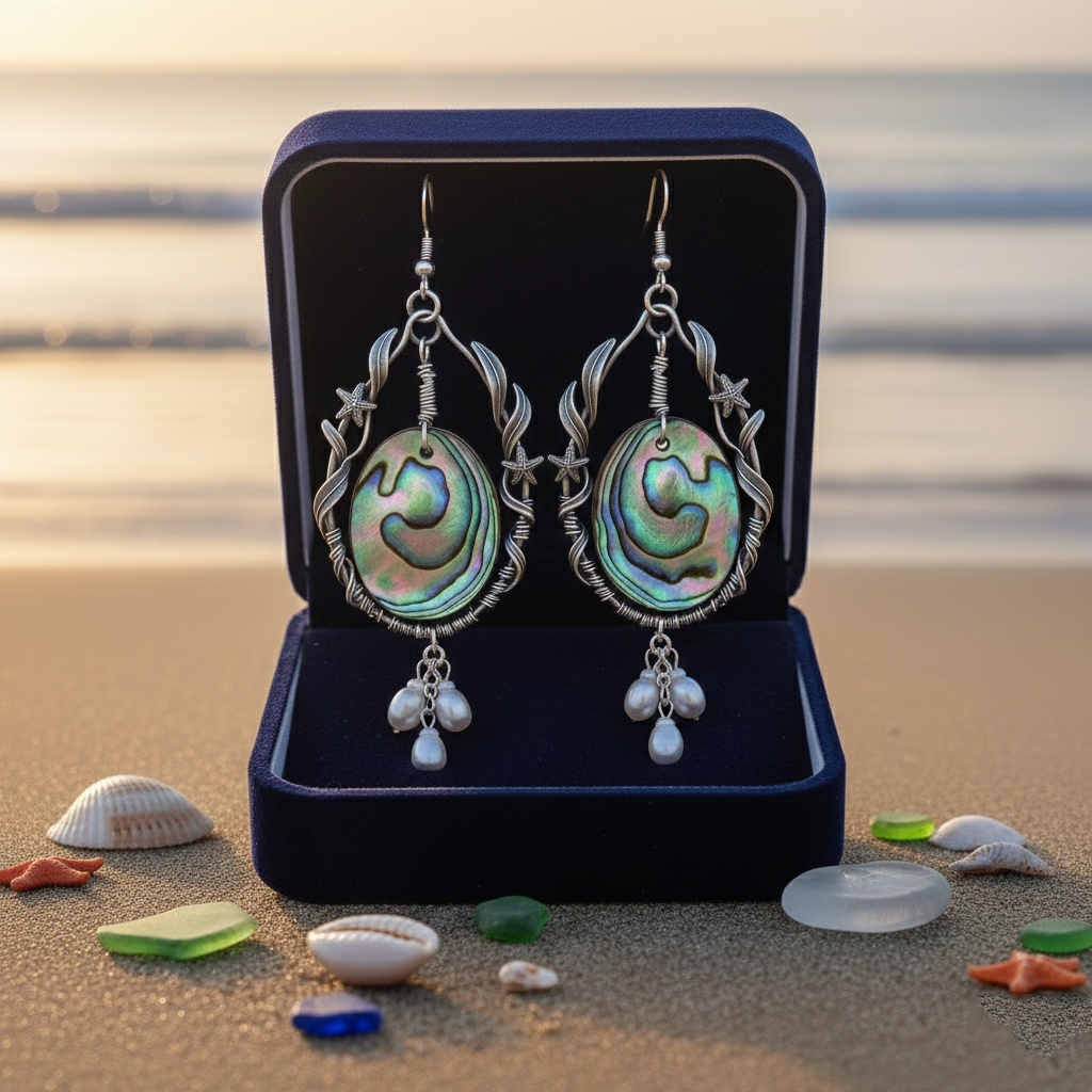 【Tide Pool Bloom】Handcrafted Green Anemone & Pearl Earrings