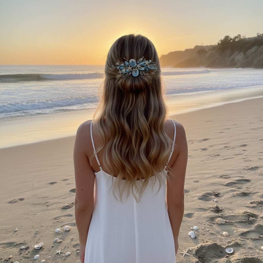 Handcrafted Abalone & Sea Glass Hair Comb - "Laguna Sunset" Edition | Coastal Bridal & Beach Accessory