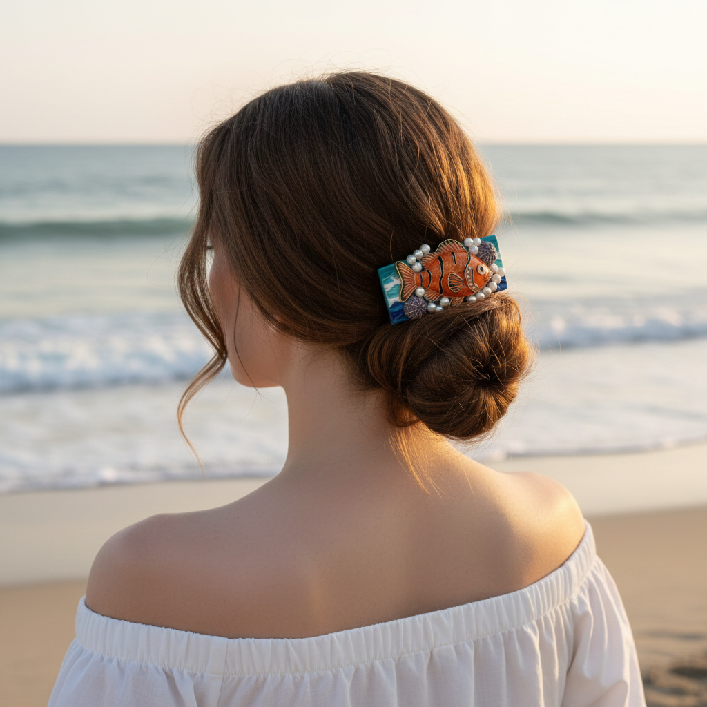 Laguna Beach Artist Series: Handcrafted Garibaldi Fish & Pearl Hair Barrette – Coastal Ocean Wave Hair Clip