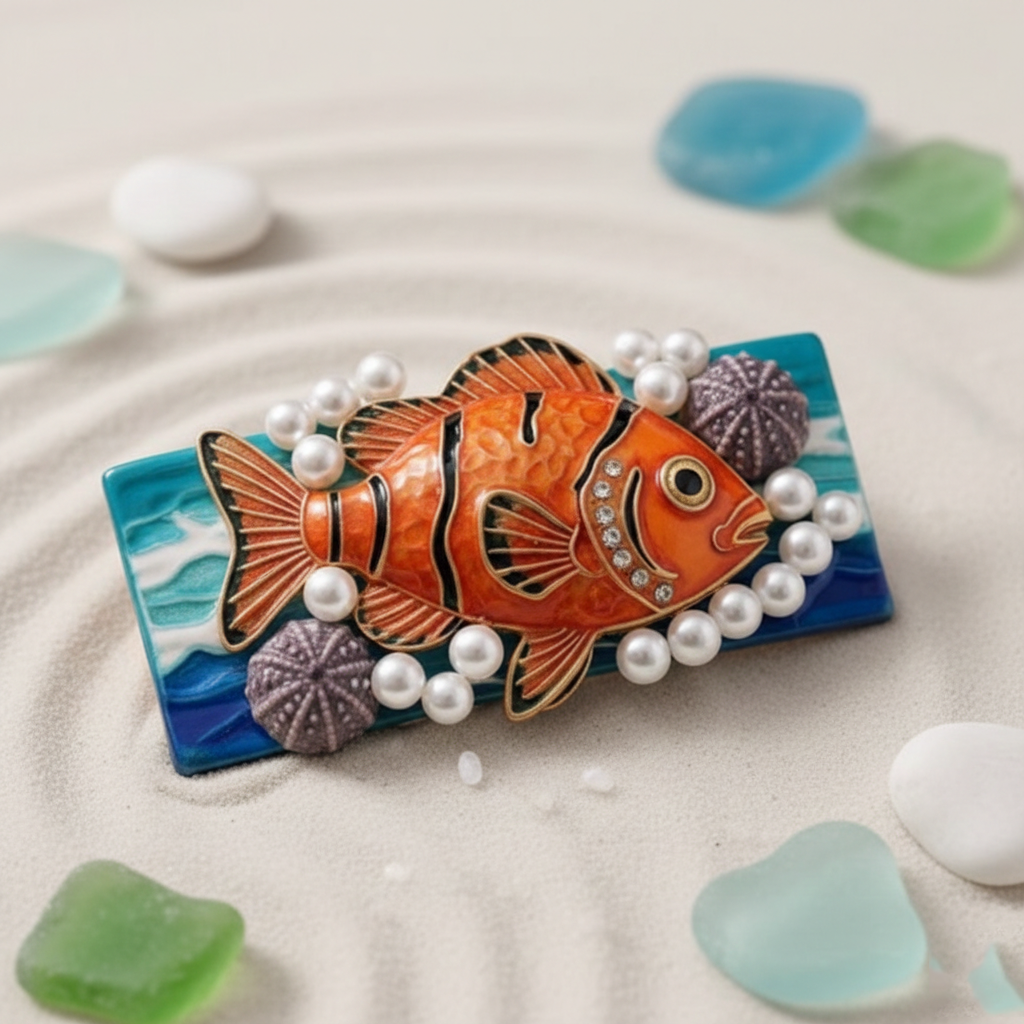 Laguna Beach Artist Series: Handcrafted Garibaldi Fish & Pearl Hair Barrette – Coastal Ocean Wave Hair Clip