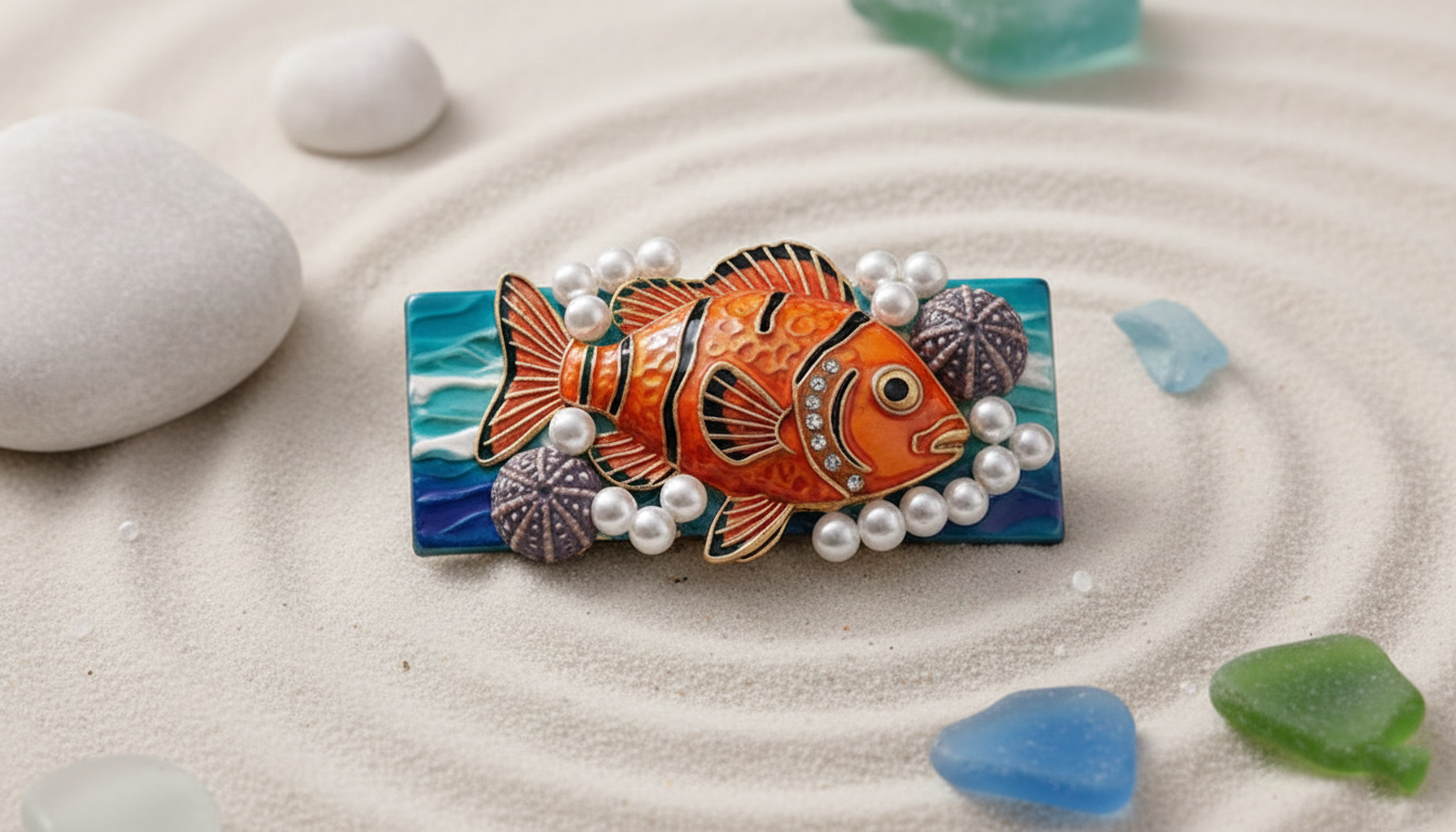 Laguna Beach Artist Series: Handcrafted Garibaldi Fish & Pearl Hair Barrette – Coastal Ocean Wave Hair Clip