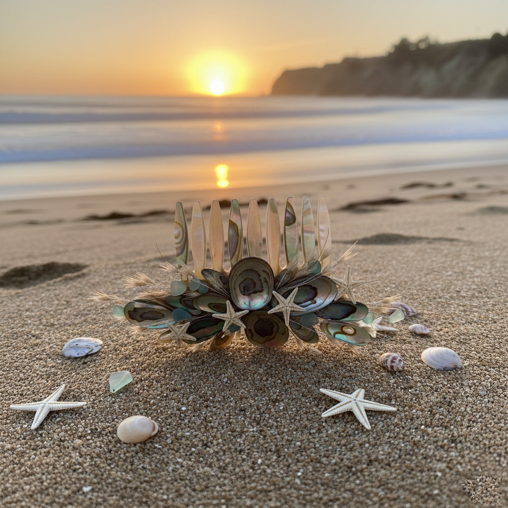 Handcrafted Abalone & Sea Glass Hair Comb - "Laguna Sunset" Edition | Coastal Bridal & Beach Accessory