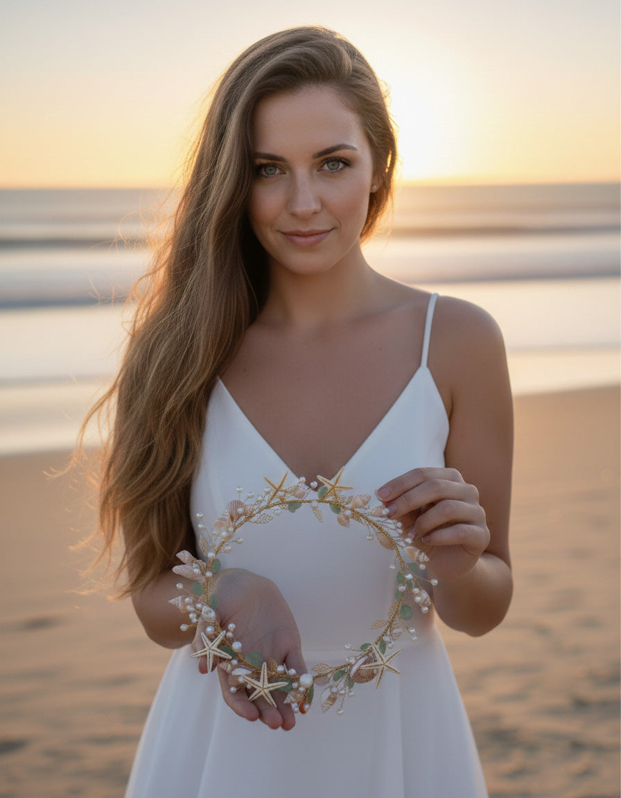 Laguna Village Original: "Coastal Muse" Starfish & Pearl Hair Vine – Handcrafted Beach Wedding Headpiece & Keepsake Gift