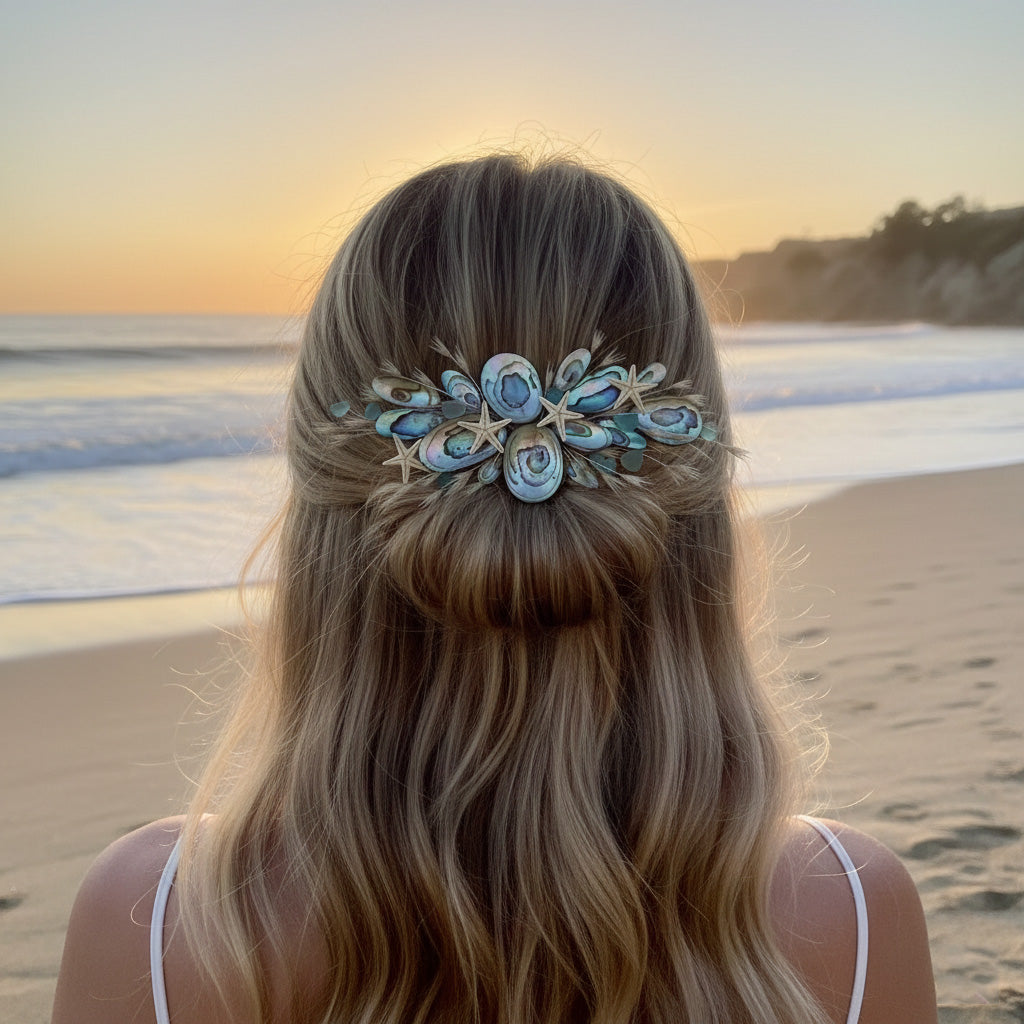 Handcrafted Abalone & Sea Glass Hair Comb - "Laguna Sunset" Edition | Coastal Bridal & Beach Accessory