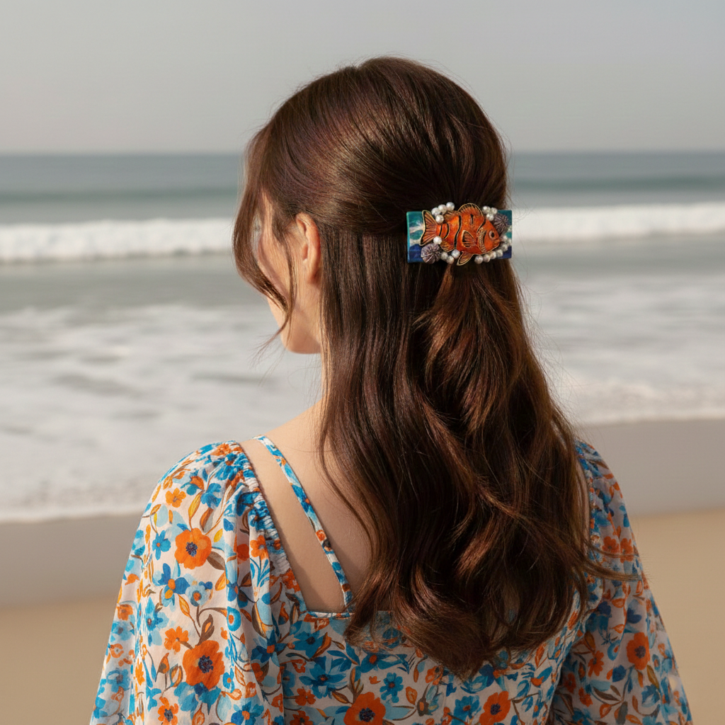Laguna Beach Artist Series: Handcrafted Garibaldi Fish & Pearl Hair Barrette – Coastal Ocean Wave Hair Clip