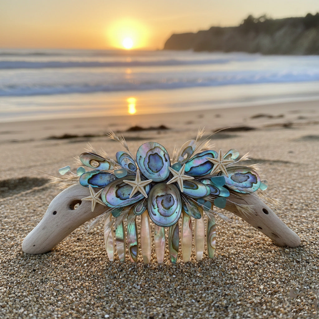 Handcrafted Abalone & Sea Glass Hair Comb - "Laguna Sunset" Edition | Coastal Bridal & Beach Accessory