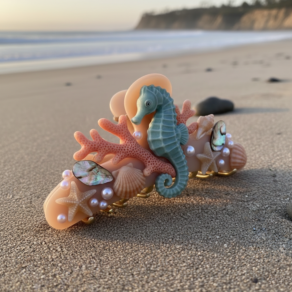 Laguna Beach Coastal Elegance Hair Claw | Handcrafted Sea Life Design | Matte Resin Shell & Starfish Hair Accessory