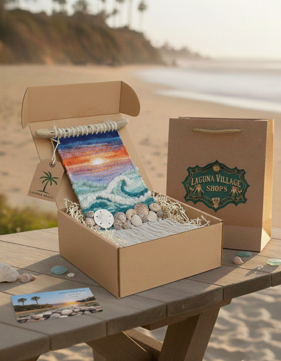 Hand-Embroidered Mini Tapestry | 🌊 Laguna Coast Sunset Wall Art | Driftwood Hanger