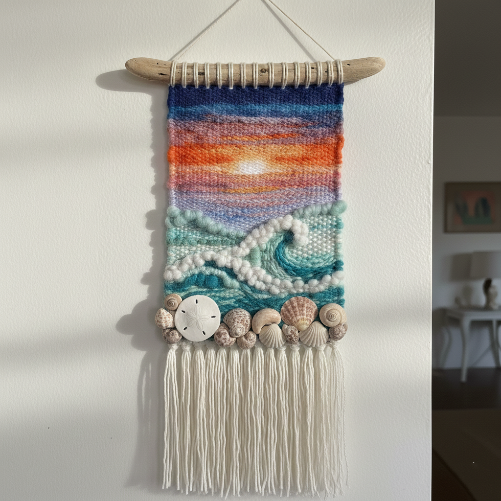 Hand-Embroidered Mini Tapestry | 🌊 Laguna Coast Sunset Wall Art | Driftwood Hanger