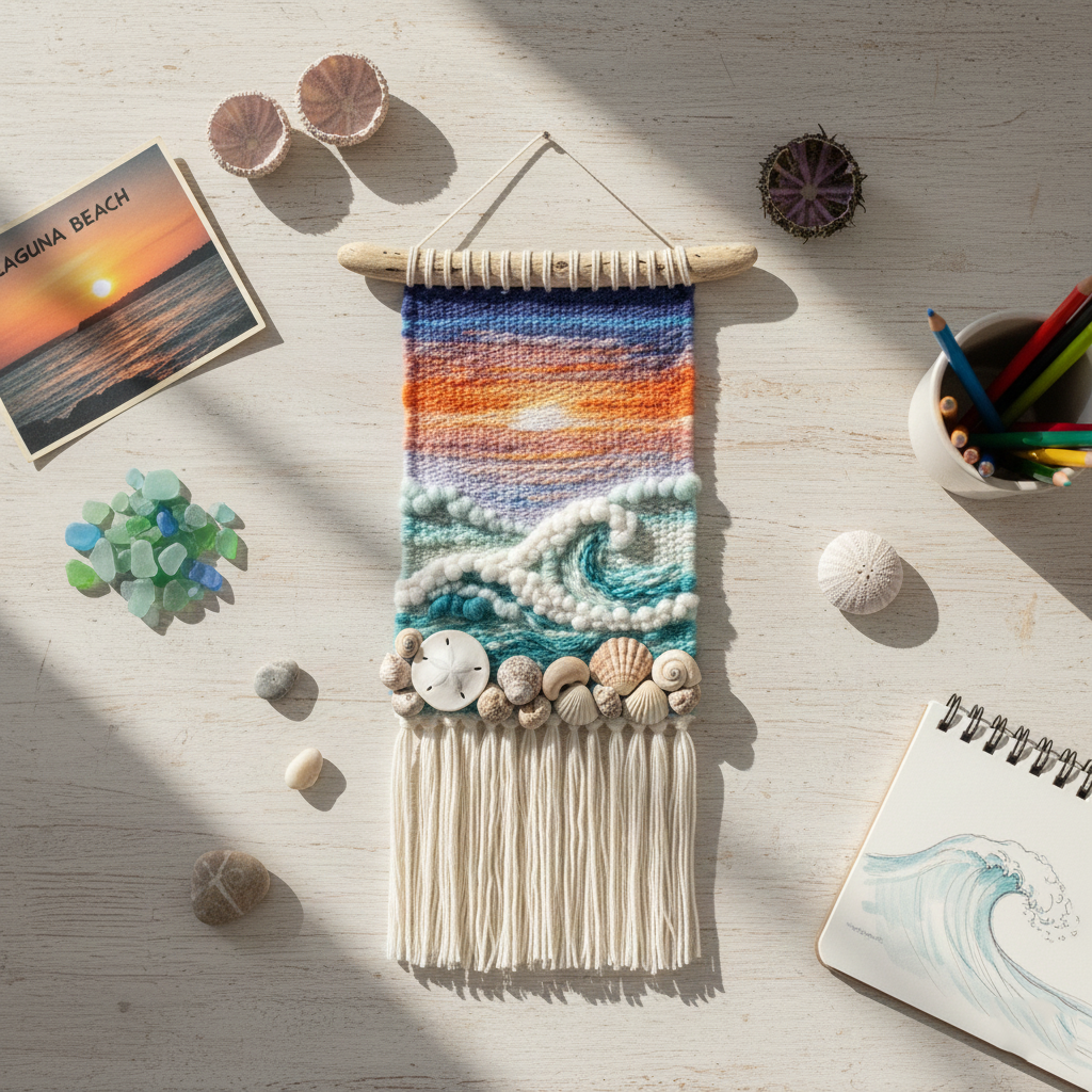 Hand-Embroidered Mini Tapestry | 🌊 Laguna Coast Sunset Wall Art | Driftwood Hanger