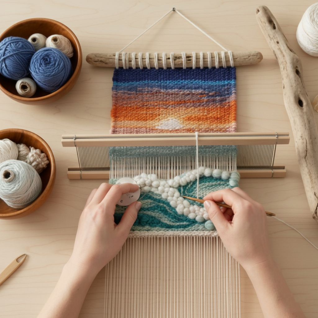 Hand-Embroidered Mini Tapestry | 🌊 Laguna Coast Sunset Wall Art | Driftwood Hanger