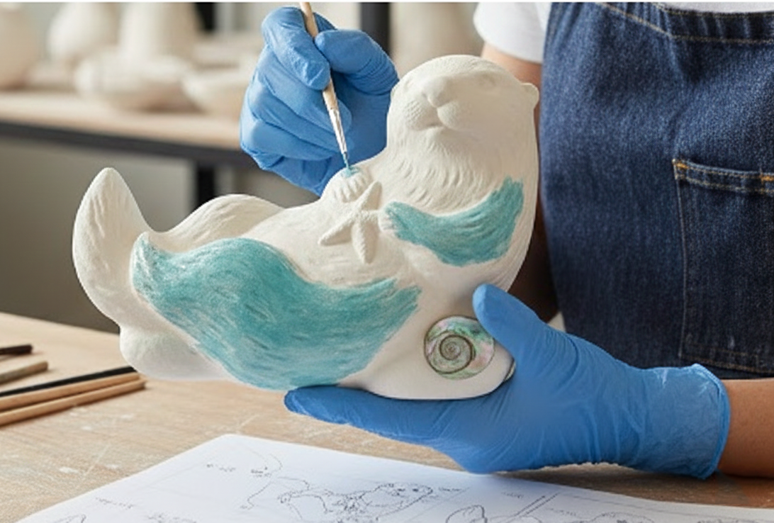 🌊 Laguna Beach Coastal Charm: Handcrafted Ceramic Miniature Sculpture | Dolphin/Seal Figurine with Genuine Shell Inlay | Travel Souvenir & Desktop Art