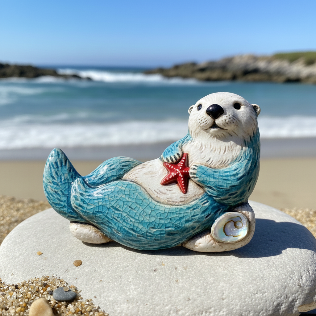 🌊 Laguna Beach Coastal Charm: Handcrafted Ceramic Miniature Sculpture | Dolphin/Seal Figurine with Genuine Shell Inlay | Travel Souvenir & Desktop Art
