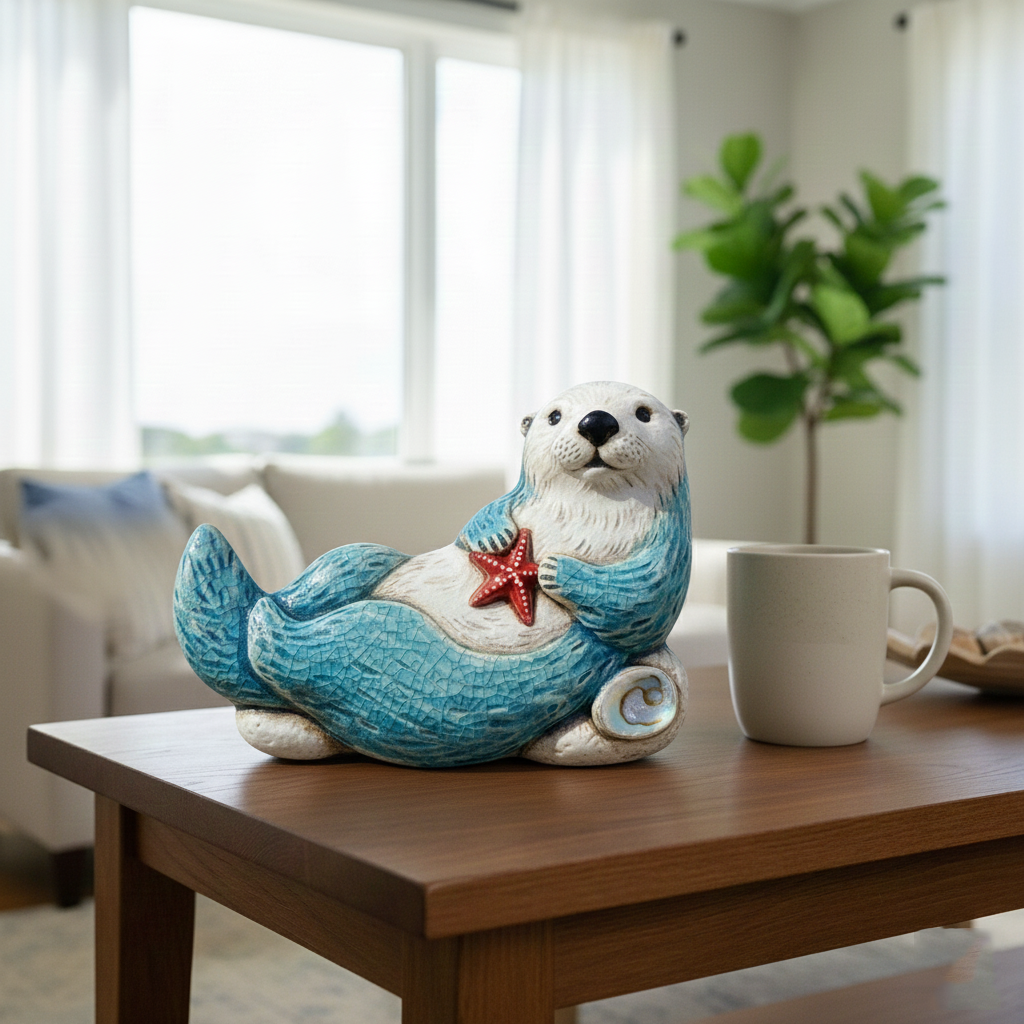 🌊 Laguna Beach Coastal Charm: Handcrafted Ceramic Miniature Sculpture | Dolphin/Seal Figurine with Genuine Shell Inlay | Travel Souvenir & Desktop Art