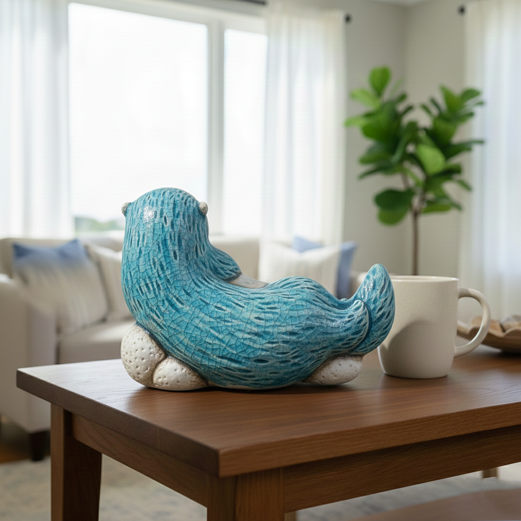 🌊 Laguna Beach Coastal Charm: Handcrafted Ceramic Miniature Sculpture | Dolphin/Seal Figurine with Genuine Shell Inlay | Travel Souvenir & Desktop Art