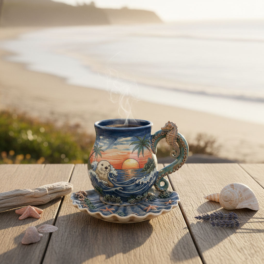 🌊 The Laguna Tide Embrace Set: Handcrafted Conch Shell Mug & Coaster