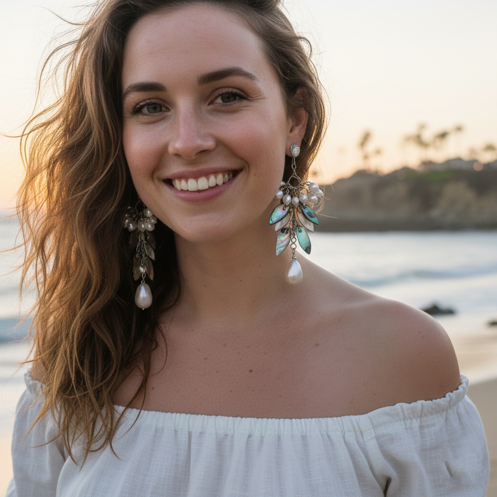 【Laguna Coast】Handcrafted Abalone & Pearl Dangle Earrings