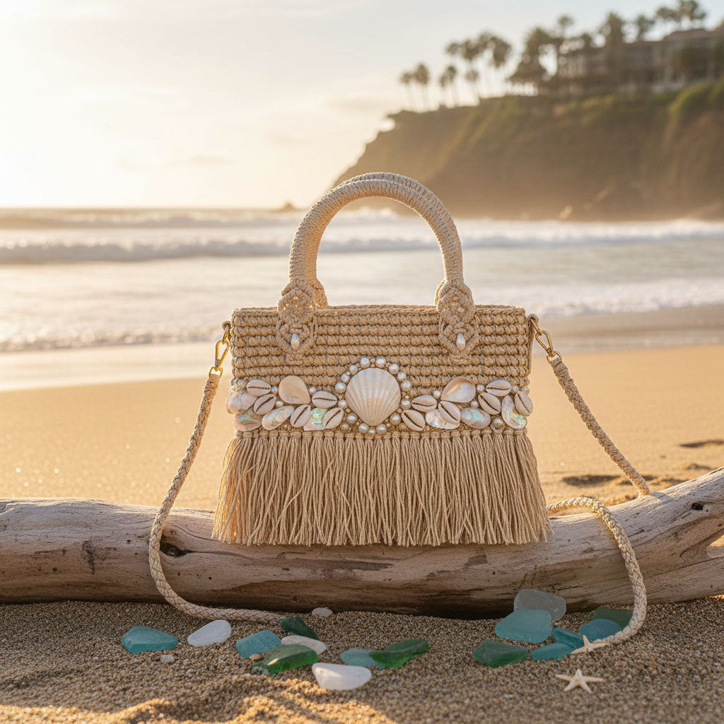Laguna Mermaid Charm Bag | Handwoven Mini Crossbody Tote with Shell & Tassel Accents