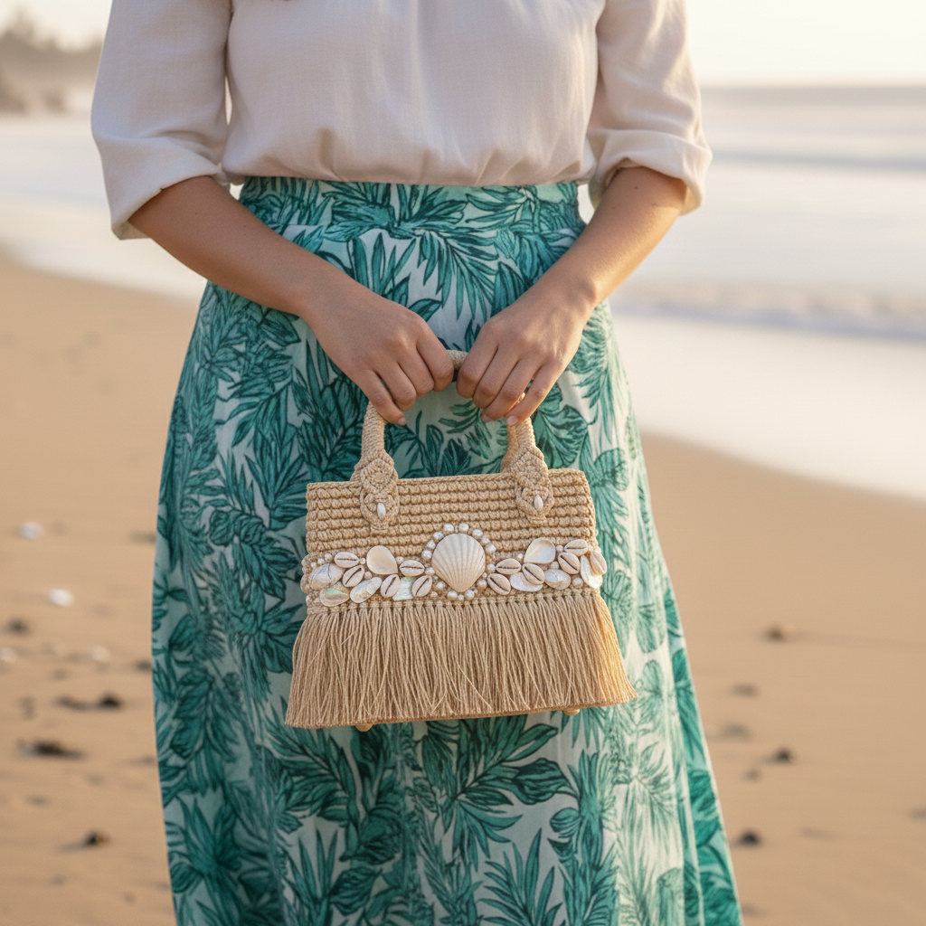 Laguna Mermaid Charm Bag | Handwoven Mini Crossbody Tote with Shell & Tassel Accents