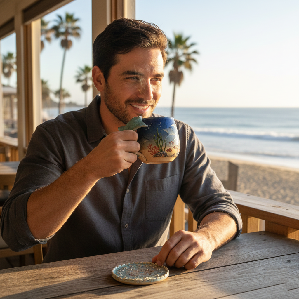 Manta Echo Set: Deep Blue Resonance | Handcrafted Ceramic Mug & Coaster Set with Sculpted Ray