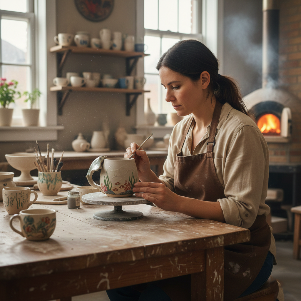 Manta Echo Set: Deep Blue Resonance | Handcrafted Ceramic Mug & Coaster Set with Sculpted Ray