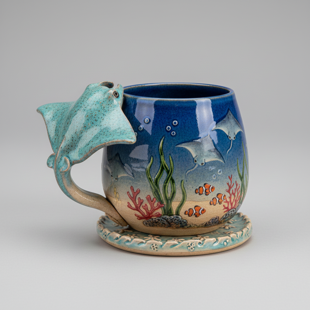 Manta Echo Set: Deep Blue Resonance | Handcrafted Ceramic Mug & Coaster Set with Sculpted Ray