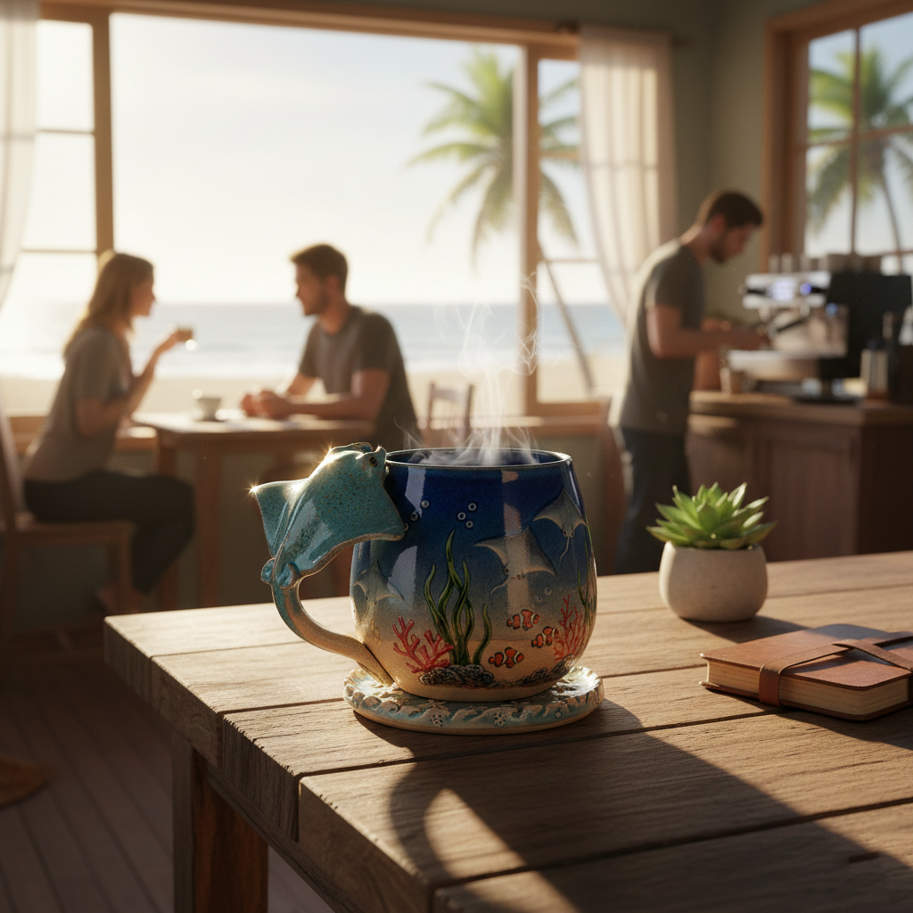 Manta Echo Set: Deep Blue Resonance | Handcrafted Ceramic Mug & Coaster Set with Sculpted Ray