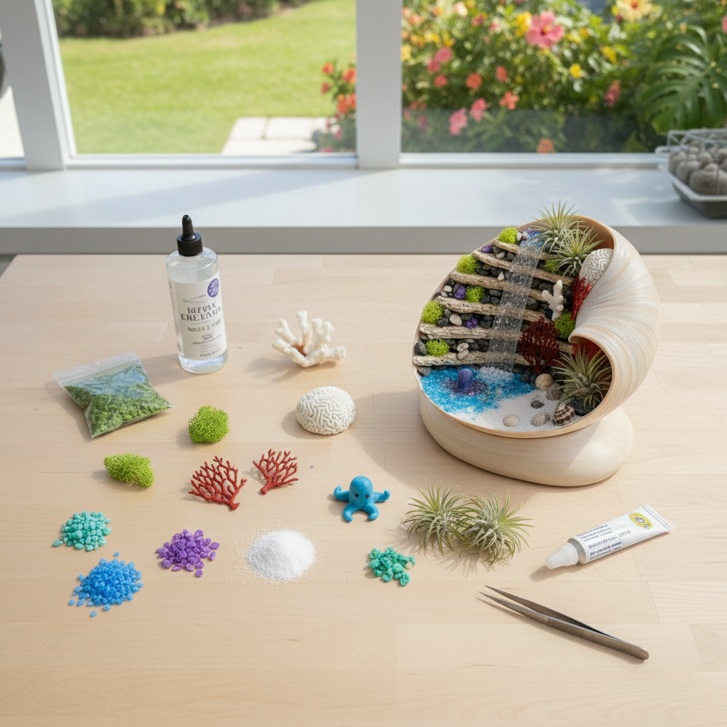 The Coastal Reef Sculpture | Handcrafted Shell & Dried Coral Art with Ceramic Display Base