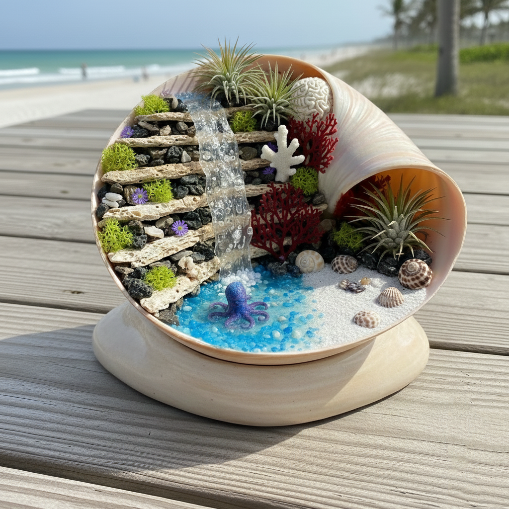 The Coastal Reef Sculpture | Handcrafted Shell & Dried Coral Art with Ceramic Display Base