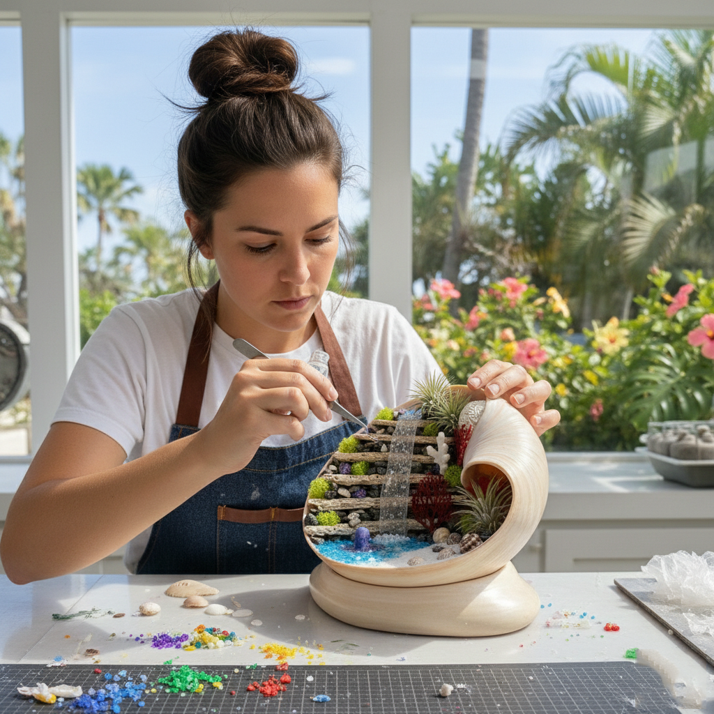 The Coastal Reef Sculpture | Handcrafted Shell & Dried Coral Art with Ceramic Display Base