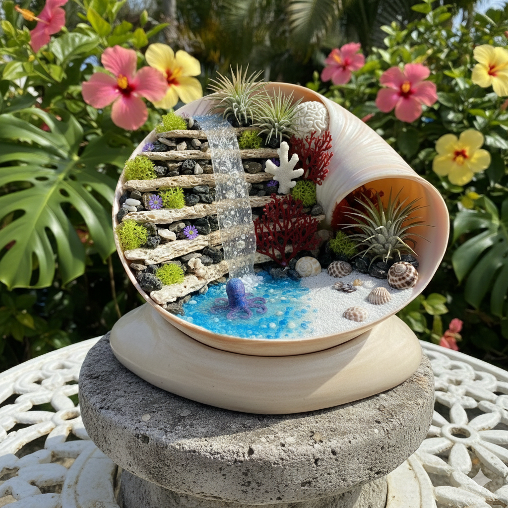 The Coastal Reef Sculpture | Handcrafted Shell & Dried Coral Art with Ceramic Display Base