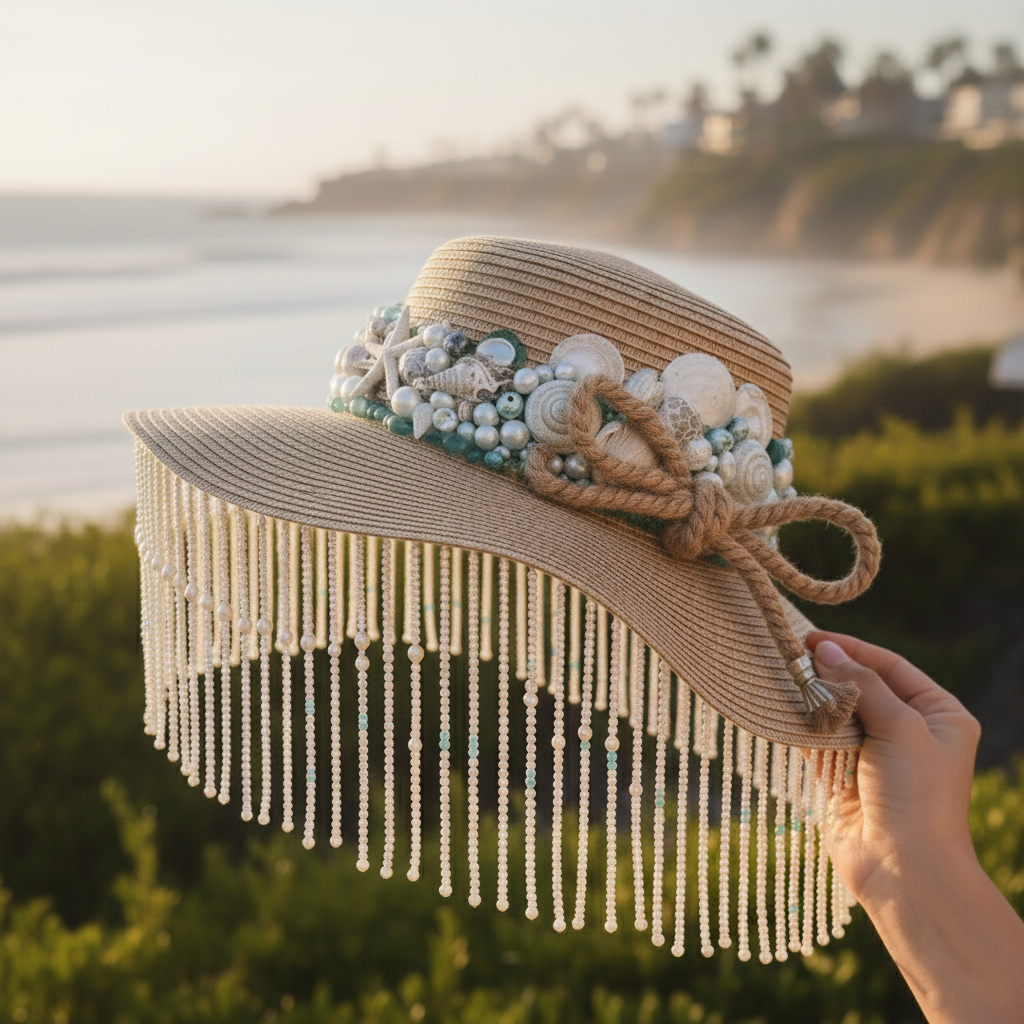 Laguna Siren Straw Hat | Hand-Adorned Shell & Pearl Tassel Wide Brim Sun Hat | Coastal Resort Wear