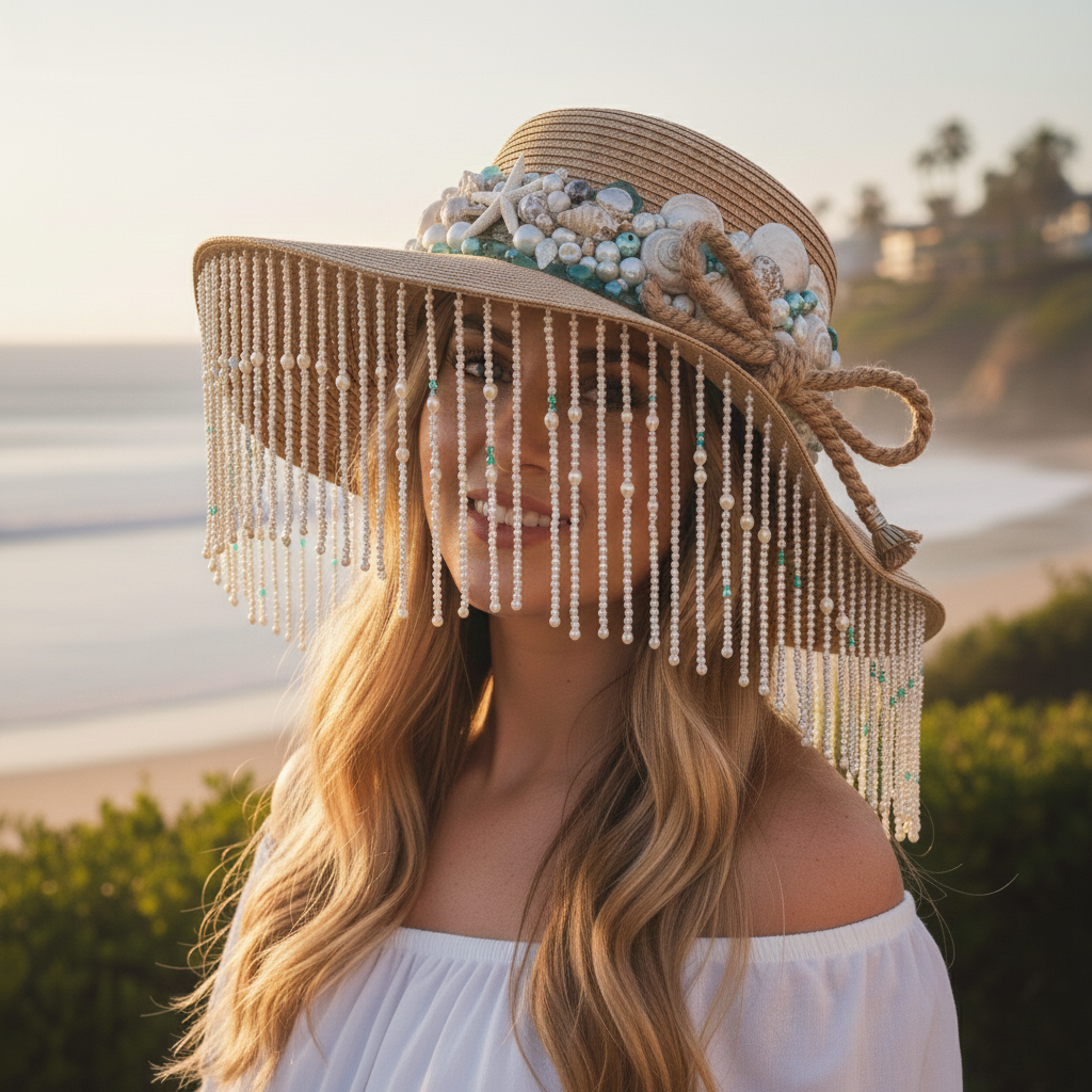 Laguna Siren Straw Hat | Hand-Adorned Shell & Pearl Tassel Wide Brim Sun Hat | Coastal Resort Wear