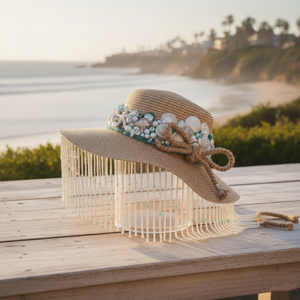Laguna Siren Straw Hat | Hand-Adorned Shell & Pearl Tassel Wide Brim Sun Hat | Coastal Resort Wear