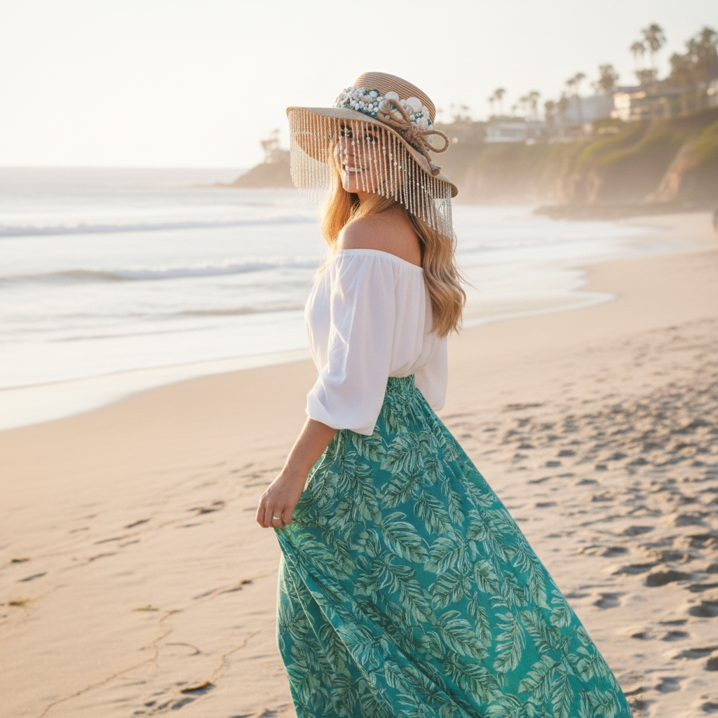 Laguna Siren Straw Hat | Hand-Adorned Shell & Pearl Tassel Wide Brim Sun Hat | Coastal Resort Wear