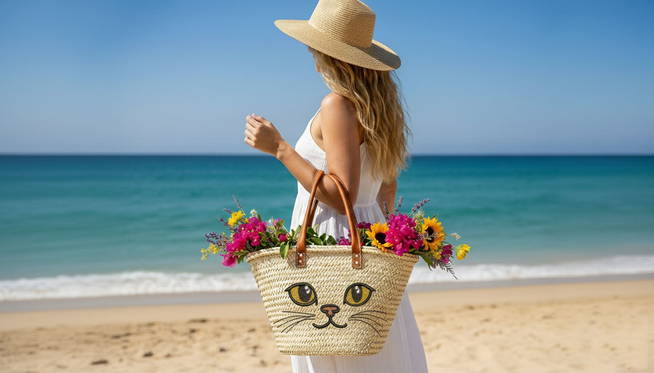 Handcrafted Bohemian Coastal Woven Square Basket Tote | Cute Cat Eyes Design