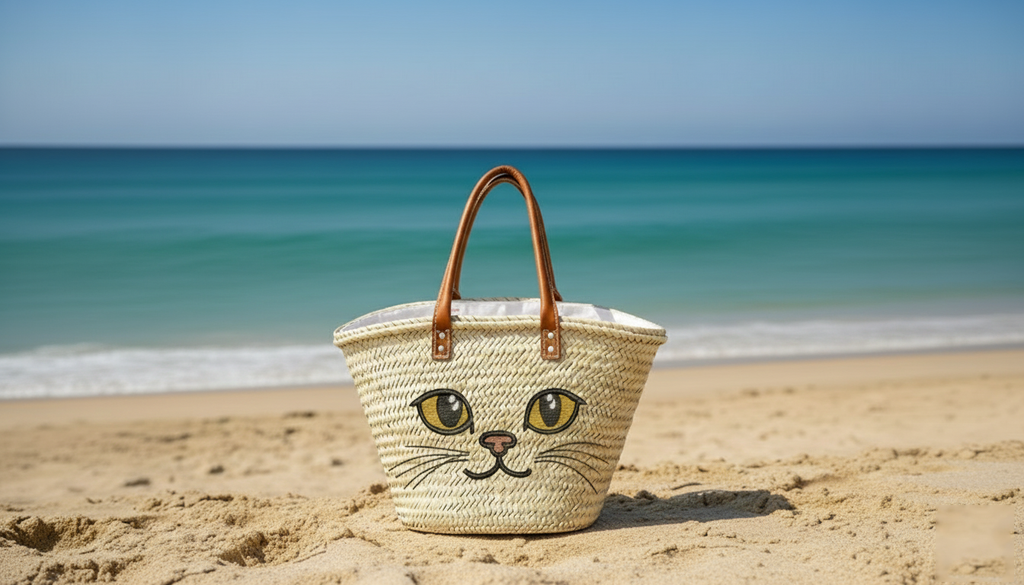 Handcrafted Bohemian Coastal Woven Square Basket Tote | Cute Cat Eyes Design